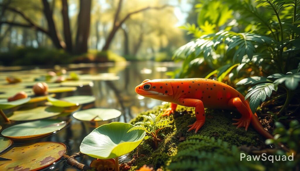 A vibrant scene depicting a red-spotted newt (Notophthalmus viridescens) nestled in a lush, green aquatic environment. In the foreground, the newt is animatedly swimming, showcasing its distinctive bright orange body adorned with striking red spots, glistening under natural sunlight. The middle ground features a serene pond surrounded by rich vegetation, including ferns and lily pads, creating a lively habitat where the newt thrives. In the background, soft-focus trees and gentle ripples on the pond's surface reflect the dappled light filtering through the leaves. The lighting is warm and bright, evoking a feeling of spring and renewal, capturing the essence of the newt's seasonal behavioral patterns. The mood is tranquil and lively, portraying a snapshot of nature’s rhythm. The image conveys the beauty of wildlife and is credited to PawSquad.