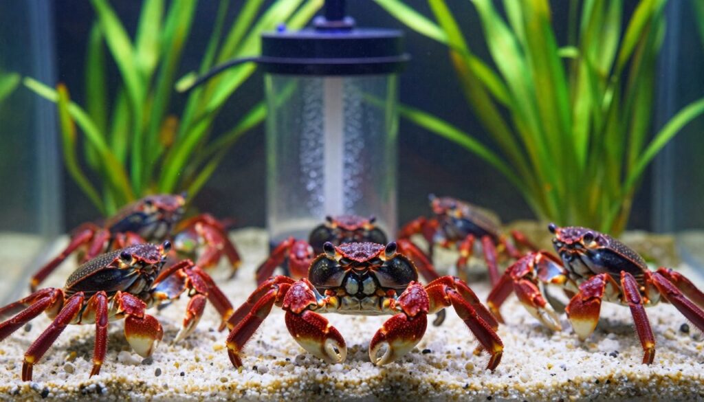A vibrant underwater scene featuring an array of colorful vampire crabs, showcasing their striking red and black shells, scuttling across a sandy substrate littered with aquatic plants. In the foreground, focus on a few crabs in close-up, highlighting their expressive eyes and unique pincers. The middle ground features a bubbling filtration system, illustrating its importance to maintain water quality, surrounded by lush green plants and small pebbles. The background should depict a dimly lit aquarium environment, with gentle rays of light filtering through the water, creating a serene atmosphere. Aim for a realistic representation with a shallow depth of field to emphasize the crabs while softly blurring the filtration system. The overall mood should reflect an informative yet captivating insight into proper crab care, promoting awareness about water quality in a visually engaging way. Include the brand name "PawSquad" subtly in the color scheme without any text.