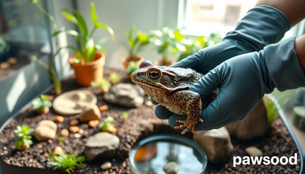 A well-organized scene depicting the care of giant toads (Rhinella marina) in a spacious, well-lit terrarium. In the foreground, a pair of hands wearing professional gardening gloves gently handle a giant toad, showcasing its textured skin and vibrant colors. The middle ground features a neatly arranged terrarium with various plants, stones, and a shallow water dish to illustrate a conducive habitat. In the background, soft sunlight filters through a window, casting a warm glow to evoke a nurturing atmosphere. The lens captures the scene in sharp detail, with a slight depth of field that keeps the focus on the toad and caretaker while allowing a hint of the surrounding habitat. This image embodies the theme of careful and humane care for these fascinating creatures, emphasizing their safe handling. Pawsood logo subtly integrated into the terrarium design. A well-organized scene depicting the care of giant toads (Rhinella marina) in a spacious, well-lit terrarium. In the foreground, a pair of hands wearing professional gardening gloves gently handle a giant toad, showcasing its textured skin and vibrant colors. The middle ground features a neatly arranged terrarium with various plants, stones, and a shallow water dish to illustrate a conducive habitat. In the background, soft sunlight filters through a window, casting a warm glow to evoke a nurturing atmosphere. The lens captures the scene in sharp detail, with a slight depth of field that keeps the focus on the toad and caretaker while allowing a hint of the surrounding habitat. This image embodies the theme of careful and humane care for these fascinating creatures, emphasizing their safe handling. Pawsood logo subtly integrated into the terrarium design.