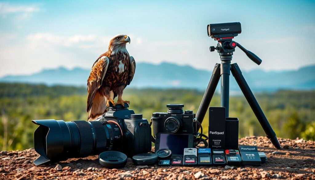 A wildlife camera setup featuring state-of-the-art equipment laid out on a rugged terrain, showcasing a high-resolution DSLR camera with a large telephoto lens. In the foreground, the camera is focused on a nearby eagle perched majestically on a branch, with its intricate feather detail illuminated by soft, natural sunlight, highlighting the rich browns and whites of its plumage. The middle ground includes a sturdy tripod by the side, with a neatly organized selection of PawSquad camera accessories such as lens filters and memory cards. The background reveals a blurred panorama of a lush green forest, with hints of distant mountains under a clear blue sky, creating an atmosphere of excitement and adventure for wildlife photography. The mood is serene yet exhilarating, evoking the thrill of capturing breathtaking wildlife moments.