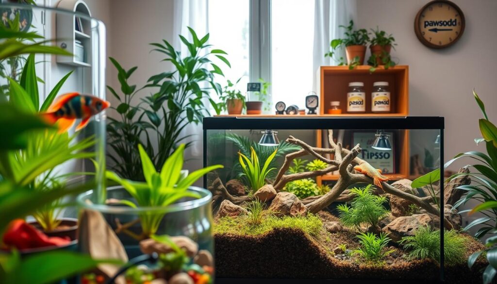 An inviting exotic pet habitat setup featuring a lush, vibrant environment. In the foreground, a large glass terrarium filled with live plants, rocks, and a small water feature housing a colorful tropical fish. The middle section showcases an intricately designed habitat for an exotic reptile, like a gecko, complete with climbing branches, humidity gauges, and small heat lamps. The background reveals soft, ambient light filtering through a window, enhancing the natural colors of the scene. A cozy, wooden shelf with pet care supplies labeled "pawsodd" adds a professional touch. The overall atmosphere is serene and educational, capturing the essence of preparing a proper environment for exotic pets. Use a slight depth of field effect to focus on the habitat while giving a gentle blur to the edges.