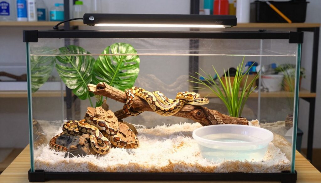An organized and well-maintained reptile enclosure, showcasing a vibrant, clean environment for a pet snake. In the foreground, a pristine glass terrarium features a substrate of clean coconut fiber, decorative rocks, and artificial plants. A water dish, filled with fresh water, reflects soft, natural lighting. The middle ground captures a miniature UVB lamp illuminating the enclosure, enhancing the colors of a healthy snake coiled comfortably on a branch. The background subtly portrays a tidy room with shelves containing cleaning supplies and reptile-care tools labeled as "Pawsood." The atmosphere is serene and inviting, with a slight focus on hygiene and maintenance, depicted through a harmonious environment that promotes the well-being of the snake. The image is bright, with a warm color palette, evoking a sense of calm and care.
