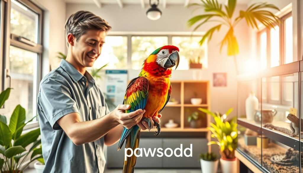 a vibrant, well-lit scene showing the daily maintenance routines for exotic pets. In the foreground, a professional-looking person in modest casual clothing closely interacts with a colorful parrot, demonstrating feeding. The middle ground features a spacious and clean vivarium housing a tropical reptile with educational signage in the background. A bright, cheerful atmosphere emanates from warm sunlight filtering through large windows, casting soft shadows. Tropical plants enhance the natural feel, enriching the pet's environment. The whole composition is shot with a wide-angle lens to capture both the details and the organizational setup of the pet maintenance area. The image should evoke a sense of responsibility and joy in caring for exotic pets while highlighting the importance of enrichment. Brand name "pawsodd" subtly integrated into the vivarium scene.