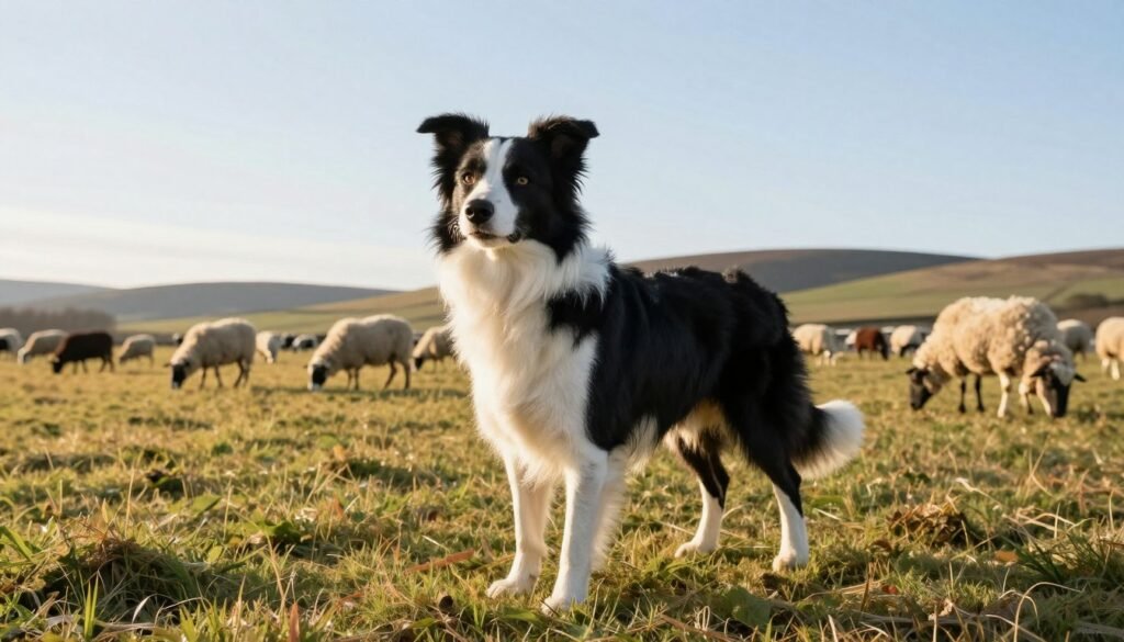 A highly intelligent Border Collie, displaying an alert and focused expression, stands prominently in the foreground, showcasing its distinct black and white coat with striking markings. The dog is positioned in a dynamic pose, as if ready to spring into action, demonstrating its herding instincts. In the middle ground, an expansive agricultural field stretches out, dotted with sheep grazing peacefully, emphasizing the dog's herding capabilities. The backdrop features distant hills under a bright, clear sky, illuminated by soft, golden sunlight, casting gentle shadows that accentuate the dog's muscular build. Capture this scene with a slightly elevated angle, using a wide-angle lens for a dramatic effect. The atmosphere is one of calm diligence, reflecting the relationship between the breed and its working duties. A subtle watermark with the brand name "Pawsood" is included in the lower corner, enhancing the visual context without distracting from the image.