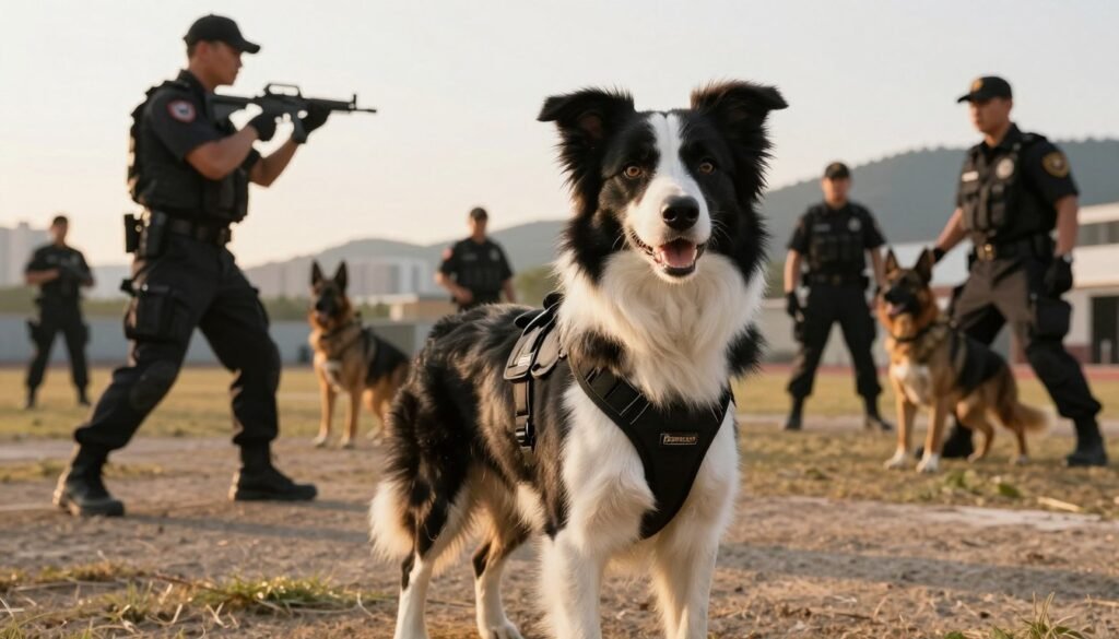 A highly intelligent and focused Border Collie, symbolizing the world's smartest shepherd dog, stands proudly in the foreground, wearing a sleek tactical harness adorned with the "Pawsood" logo. Its expressive eyes convey alertness and determination, showcasing the breed’s keen instincts. In the middle ground, diverse K9 unit officers in professional attire engage in training exercises, demonstrating coordination with the dog. The background displays a dynamic outdoor training environment, with an urban landscape and distant hills, bathed in the warm glow of the golden hour sunlight, creating a sense of teamwork and purpose. The overall atmosphere is intense yet inspiring, reflecting the unmatched lethality and tactical support provided by these extraordinary K9 units.