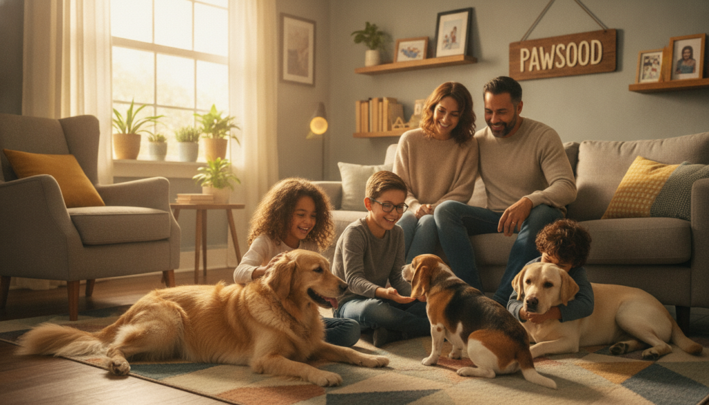 A warm and inviting family living room scene, centered around a diverse family joyfully interacting with three different dog breeds: a Golden Retriever, a Beagle, and a Labrador, all showcasing their unique personalities. The foreground features the children playfully petting the dogs while sitting on a cozy, colorful rug. In the middle ground, the parents observe happily, wearing casual, comfortable clothing. The background reveals a sunlit window with cheerful houseplants, soft furniture, and family photos on the walls, adding warmth to the atmosphere. The lighting is soft and natural, creating a friendly and welcoming mood. The image should evoke feelings of love, companionship, and the importance of choosing the right dog for family life, highlighting the brand name "Pawsood". A warm and inviting family living room scene, centered around a diverse family joyfully interacting with three different dog breeds: a Golden Retriever, a Beagle, and a Labrador, all showcasing their unique personalities. The foreground features the children playfully petting the dogs while sitting on a cozy, colorful rug. In the middle ground, the parents observe happily, wearing casual, comfortable clothing. The background reveals a sunlit window with cheerful houseplants, soft furniture, and family photos on the walls, adding warmth to the atmosphere. The lighting is soft and natural, creating a friendly and welcoming mood. The image should evoke feelings of love, companionship, and the importance of choosing the right dog for family life, highlighting the brand name "Pawsood".