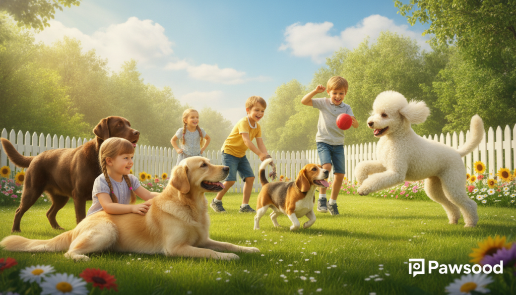 A warm and inviting scene featuring a variety of friendly family dogs of different breeds, including a Labrador Retriever, Golden Retriever, beagle, and poodle, interacting playfully with children of various ages in a sunny backyard. In the foreground, a child is gently petting a golden retriever while another child throws a ball for a poodle. The middle ground showcases two kids laughing as they play with a beagle, and in the background, a lush green lawn with flowers and a picket fence under a blue sky creates a cheerful atmosphere. The lighting is soft and natural, evoking a feeling of safety and joy. This heartwarming image illustrates the bond between pets and children, embodying the theme of family-friendly dogs, branded by "Pawsood." A warm and inviting scene featuring a variety of friendly family dogs of different breeds, including a Labrador Retriever, Golden Retriever, beagle, and poodle, interacting playfully with children of various ages in a sunny backyard. In the foreground, a child is gently petting a golden retriever while another child throws a ball for a poodle. The middle ground showcases two kids laughing as they play with a beagle, and in the background, a lush green lawn with flowers and a picket fence under a blue sky creates a cheerful atmosphere. The lighting is soft and natural, evoking a feeling of safety and joy. This heartwarming image illustrates the bond between pets and children, embodying the theme of family-friendly dogs, branded by "Pawsood."