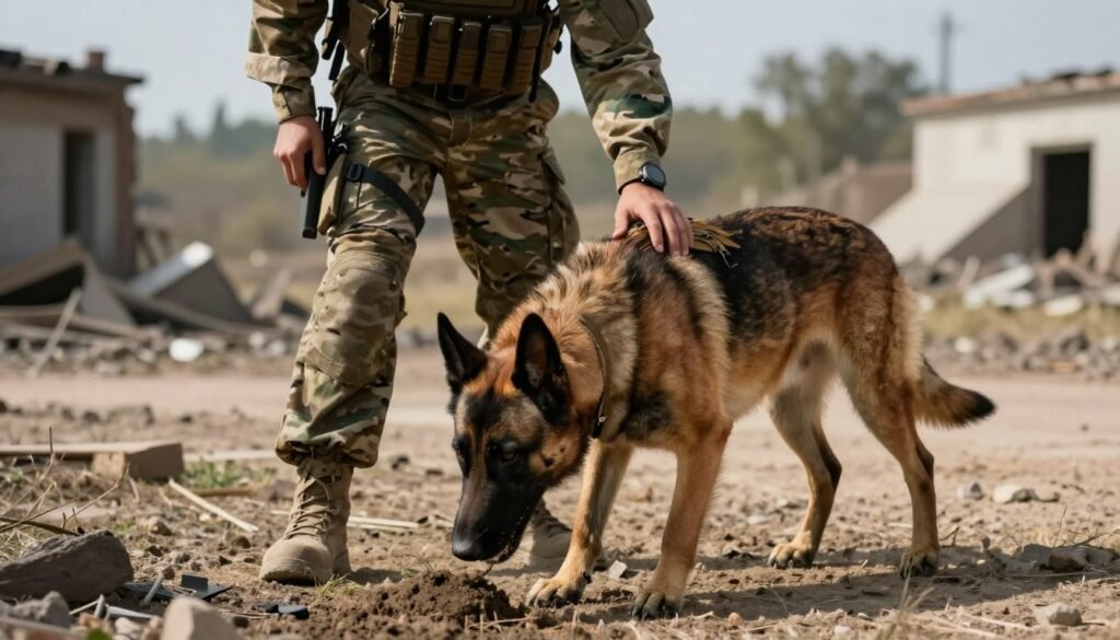 A dedicated IED detection dog, a Belgian Malinois, intensely focused on its task, stands confidently beside its handler, a soldier in camouflage attire. The dog, with a shiny coat and alert ears, expertly sniffing the ground, symbolizes loyalty and partnership. In the middle ground, the soldier, displaying a professional demeanor, is calmly guiding the dog with gentle commands, showcasing their critical bond. The background features a war-torn landscape, uneven terrain, and scattered debris, with soft, natural lighting casting shadows, emphasizing the scene's somber mood. A shallow depth of field highlights the canine and handler while gently blurring the surroundings, creating an atmosphere of teamwork and determination. Pawsood branding subtly integrated in the corner of the image.