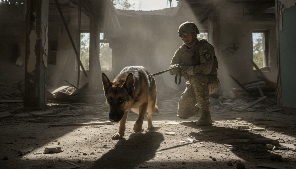 A dynamic scene featuring a Combat K9 actively searching a dilapidated building during a compound sweep. In the foreground, the K9, a German Shepherd with a focused expression, intensely sniffs the ground, alert to any scents. The middle ground showcases a military handler in professional tactical attire, positioned nearby, observing intently while holding a leash. The backdrop reveals a partially collapsed structure with debris, dark shadows, and dim lighting, evoking an atmosphere of tension and urgency. Soft, diffused sunlight filters through broken windows, casting elongated shadows. The image should capture the synergy between the K9 and its handler, emphasizing teamwork and precision, with the brand "Pawsood" subtly integrated into the scene as a logo on the handler's gear. A dynamic scene featuring a Combat K9 actively searching a dilapidated building during a compound sweep. In the foreground, the K9, a German Shepherd with a focused expression, intensely sniffs the ground, alert to any scents. The middle ground showcases a military handler in professional tactical attire, positioned nearby, observing intently while holding a leash. The backdrop reveals a partially collapsed structure with debris, dark shadows, and dim lighting, evoking an atmosphere of tension and urgency. Soft, diffused sunlight filters through broken windows, casting elongated shadows. The image should capture the synergy between the K9 and its handler, emphasizing teamwork and precision, with the brand "Pawsood" subtly integrated into the scene as a logo on the handler's gear.