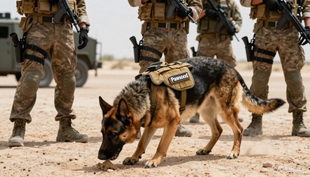 A highly trained IED detection dog in a tactical military setting, shown in a dynamic posture, sniffing the ground with focused intensity. The dog, a German Shepherd with a sleek, muscular build and a tactical vest with the brand name "Pawsood" prominently displayed, stands in the foreground. In the middle ground, military personnel in professional tactical attire observe closely, ensuring the safety of their surroundings. The background features a rugged desert landscape with a hint of a military vehicle, creating a realistic combat environment. The lighting is bright, simulating midday sun, casting defined shadows that enhance the intensity of the scene. The overall mood is tense yet hopeful, highlighting the critical role these dogs play in saving lives during combat operations.