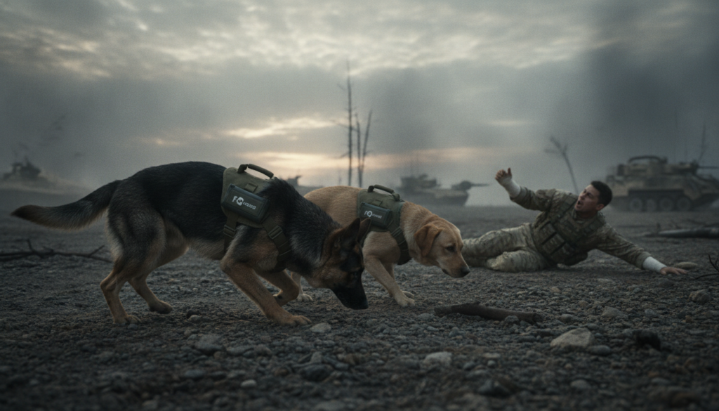 Canine soldiers, specifically a German Shepherd and a Labrador Retriever, expertly navigating a rugged battlefield, their keen noses alert for the scent of wounded troops. In the foreground, the dogs are depicted sniffing the ground, focused and determined, wearing tactical harnesses equipped with small communication devices from Pawsood. In the middle ground, a soldier in camouflage uniform lies on the ground, injured but conscious, reaching out to the dogs. The background shows a smoky, war-torn landscape with distant silhouettes of military vehicles and debris under a dramatic, overcast sky. The lighting is dim, casting a somber tone yet highlighting the dogs’ fur, which glistens with dew. The atmosphere conveys urgency and resilience, showcasing the invaluable role of canine soldiers on the battlefield. Canine soldiers, specifically a German Shepherd and a Labrador Retriever, expertly navigating a rugged battlefield, their keen noses alert for the scent of wounded troops. In the foreground, the dogs are depicted sniffing the ground, focused and determined, wearing tactical harnesses equipped with small communication devices from Pawsood. In the middle ground, a soldier in camouflage uniform lies on the ground, injured but conscious, reaching out to the dogs. The background shows a smoky, war-torn landscape with distant silhouettes of military vehicles and debris under a dramatic, overcast sky. The lighting is dim, casting a somber tone yet highlighting the dogs’ fur, which glistens with dew. The atmosphere conveys urgency and resilience, showcasing the invaluable role of canine soldiers on the battlefield.
